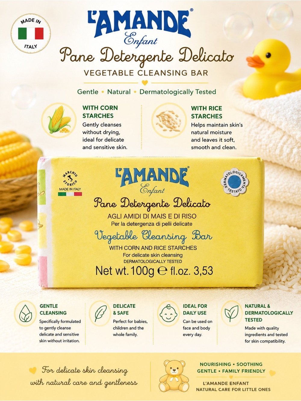 L’AMANDE Enfant Vegetable Cleansing Bar 100g Corn & Rice Starches Baby Soap